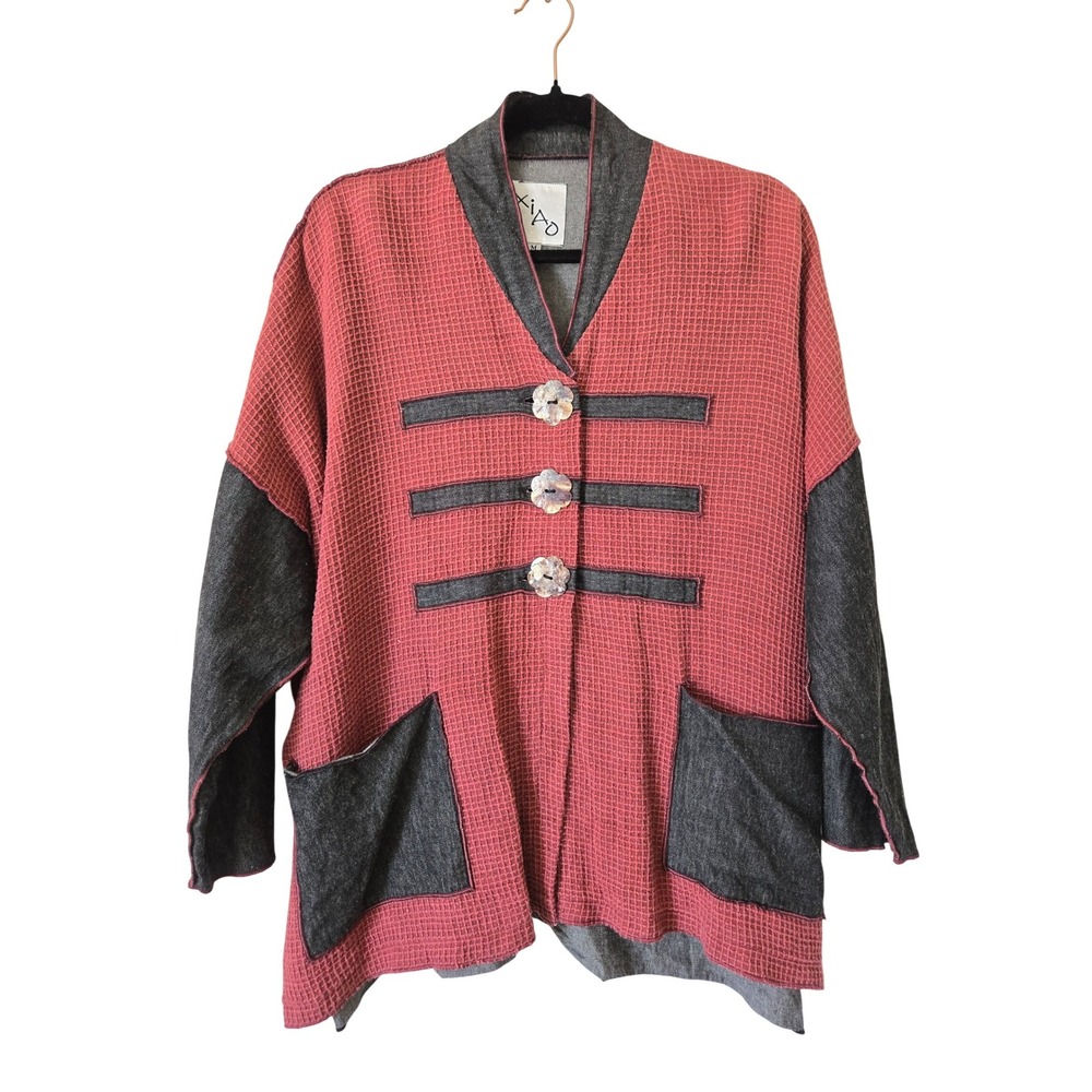 Xiao Womens M Jacket Red Waffle Knit Denim Patch Lagenlook Button Art To Wear